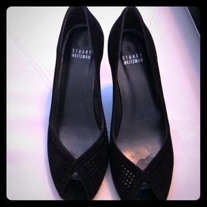 Stuart Weitzman Black Suede Peep Toe Heels